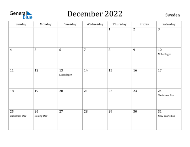 December 2022 Calendar Sweden