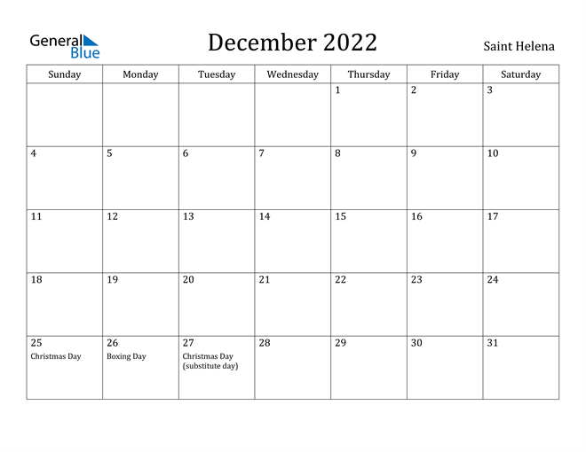 Saint Helena December 2022 Calendar With Holidays