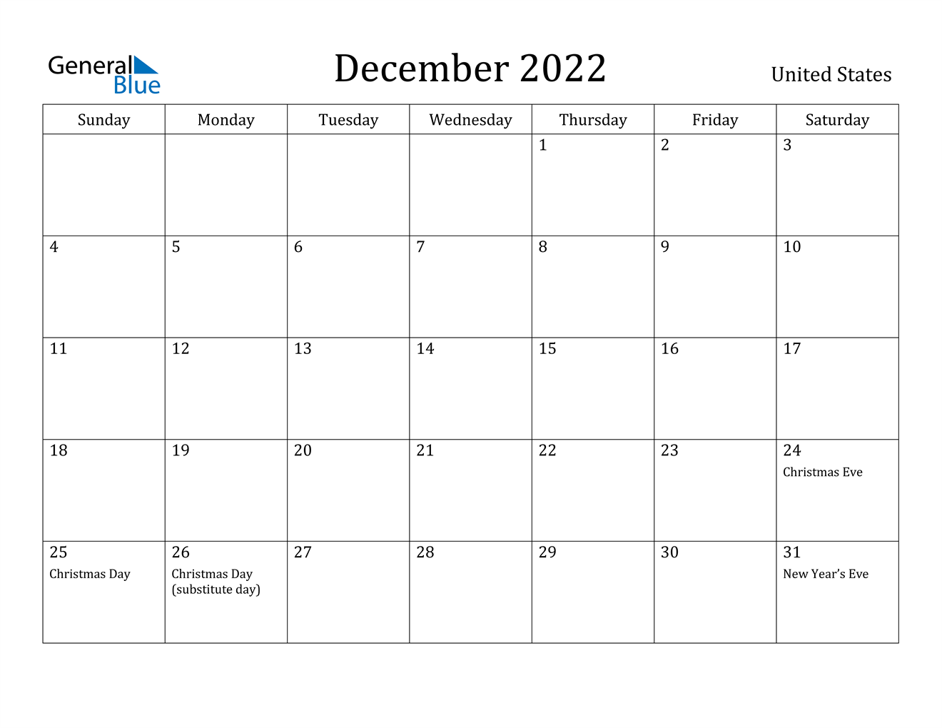 December 2022 Calendar - United States