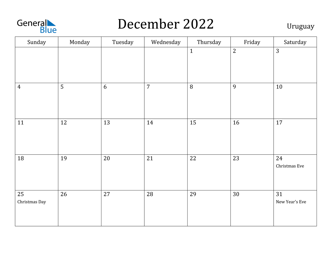 december 2022 calendar uruguay