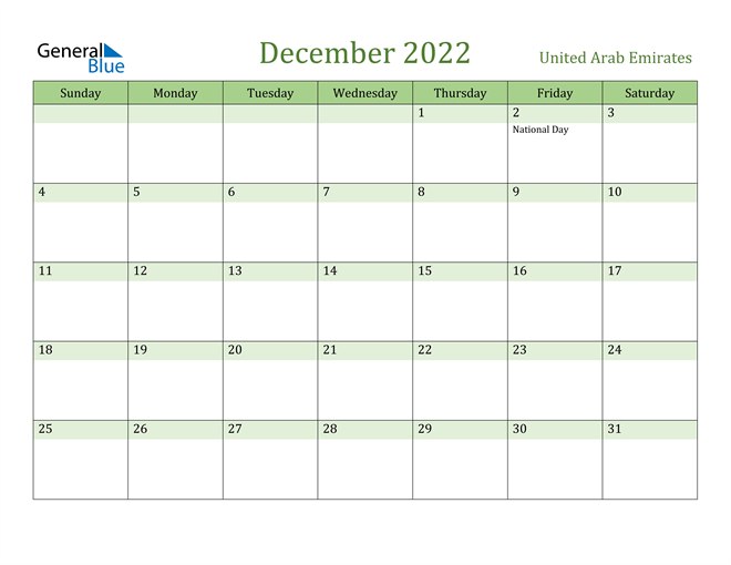December 2022 Calendar with United Arab Emirates Holidays