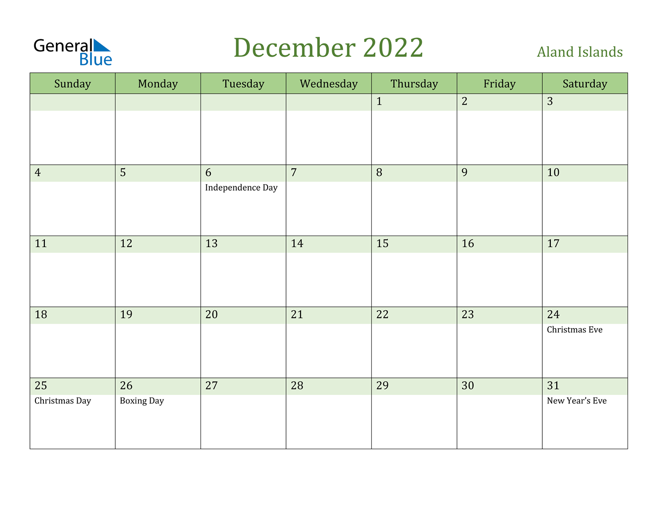 December 2022 Calendar Aland Islands