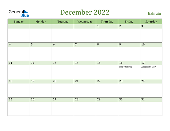 December 2022 Calendar with Bahrain Holidays