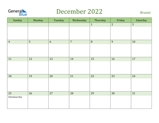December 2022 Calendar with Brunei Holidays