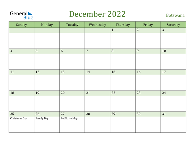 December 2022 Calendar with Botswana Holidays
