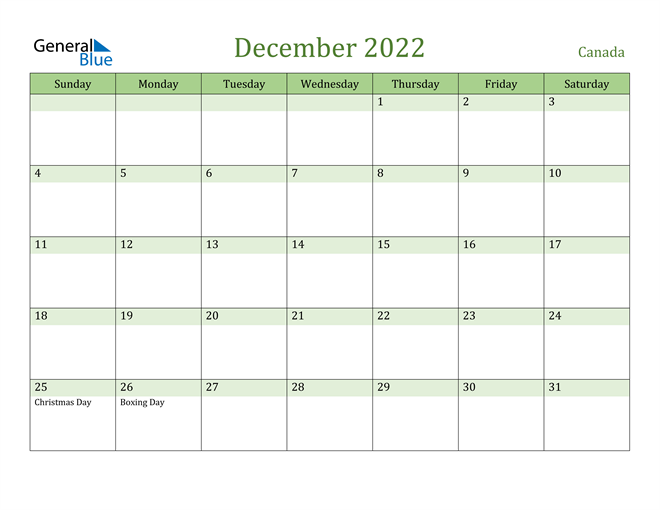Canada December 2022 Calendar With Holidays