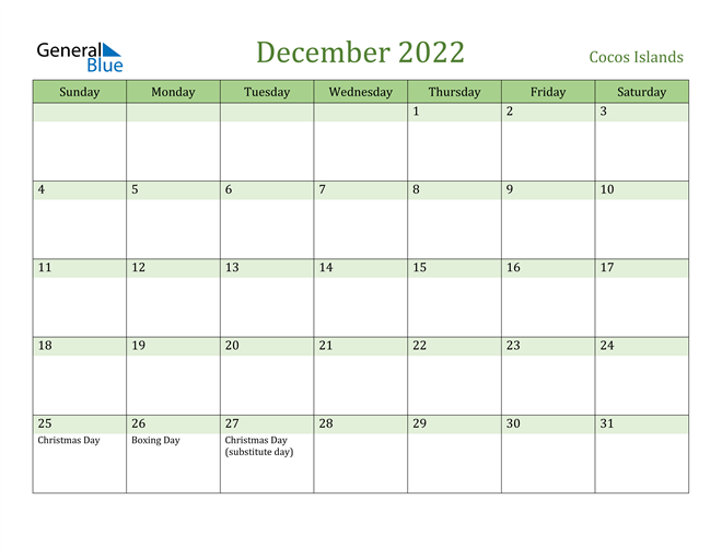 December 2022 Calendar with Cocos Islands Holidays