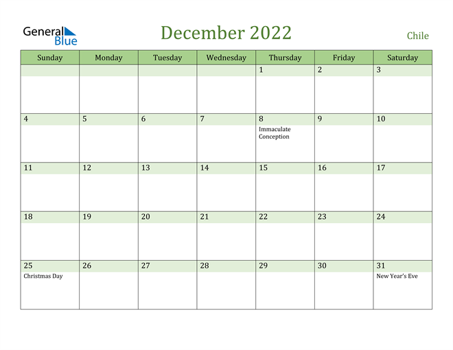 December 2022 Calendar with Chile Holidays