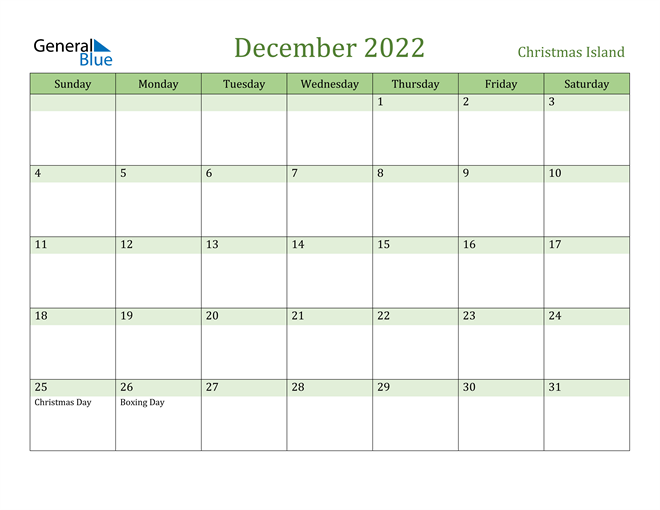 December Calendar 2022 Christmas Christmas Island December 2022 Calendar With Holidays