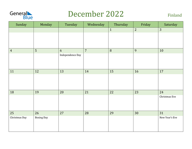December 2022 Calendar with Finland Holidays
