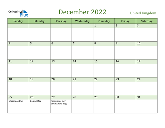 December 2022 Holiday Calendar United Kingdom December 2022 Calendar With Holidays