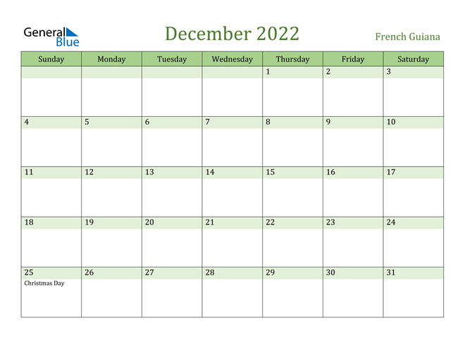 December 2022 Calendar with French Guiana Holidays