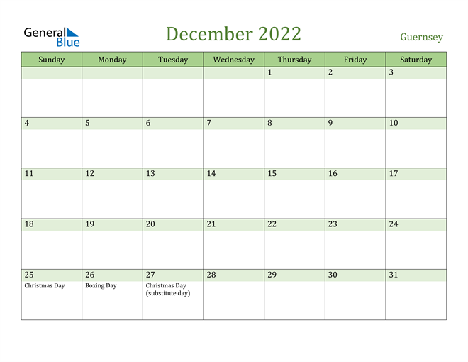 December 2022 Calendar with Guernsey Holidays