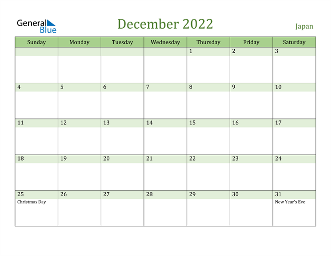 Japan December 2022 Calendar With Holidays