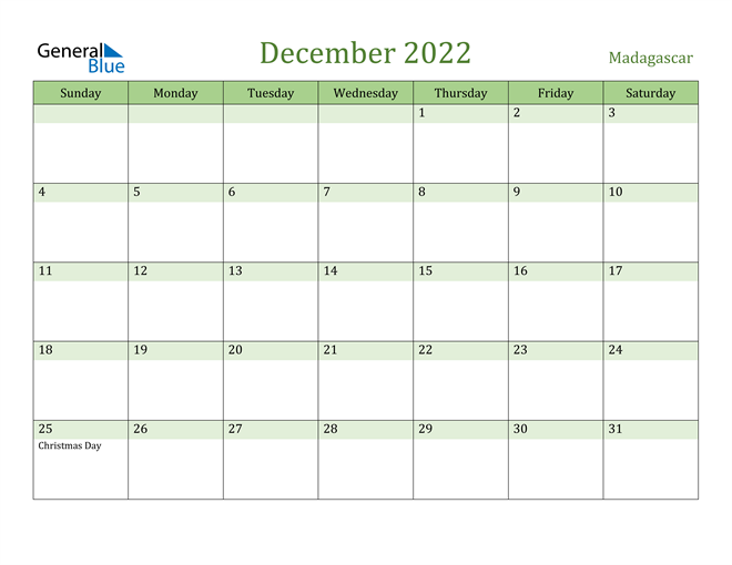 December 2022 Calendar with Madagascar Holidays