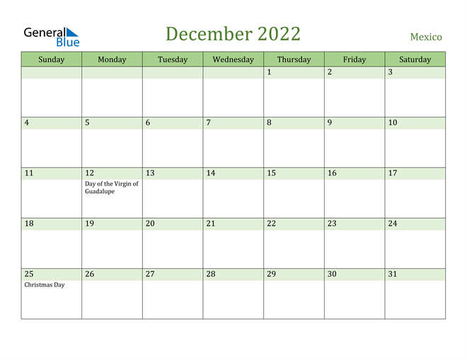December 2022 Calendar with Mexico Holidays