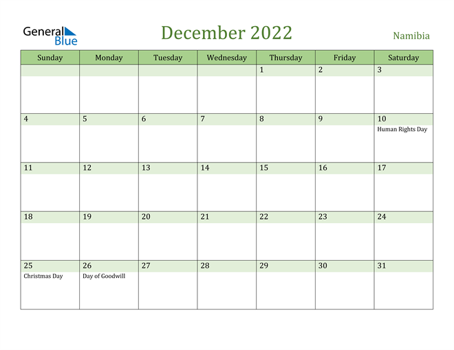 December 2022 Calendar with Namibia Holidays