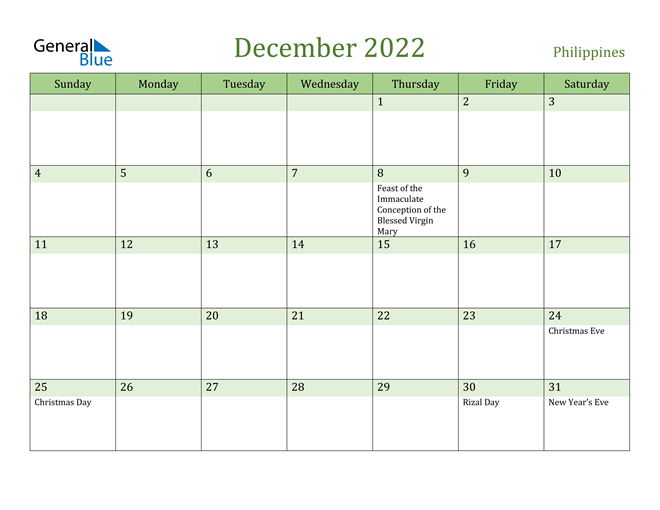 philippines december 2022 calendar with holidays