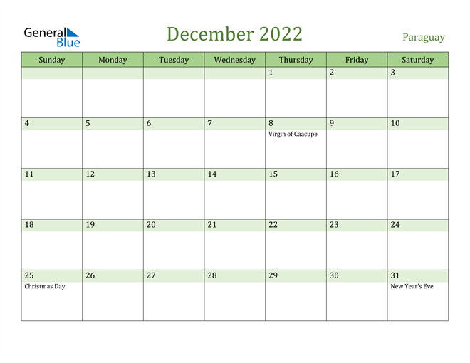 December 2022 Calendar with Paraguay Holidays