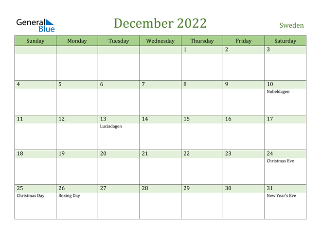 December 2022 Calendar with Sweden Holidays
