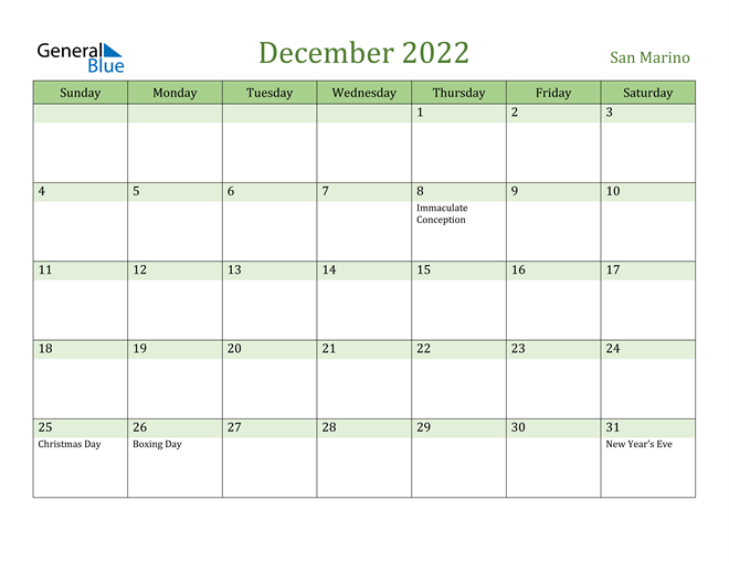 December 2022 Calendar with San Marino Holidays