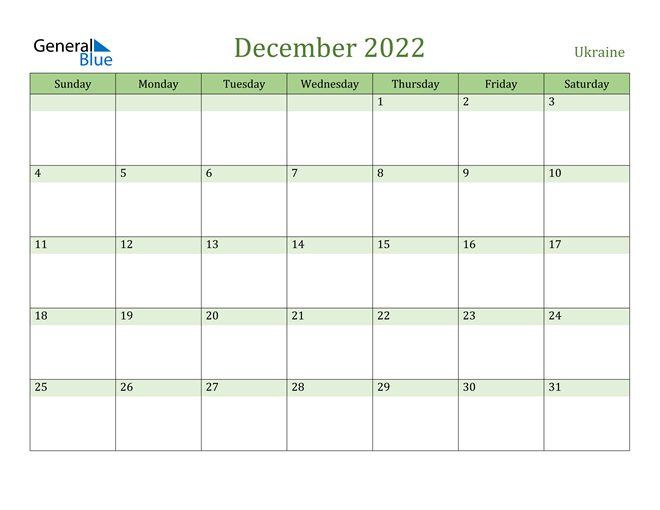 December 2022 Calendar with Ukraine Holidays