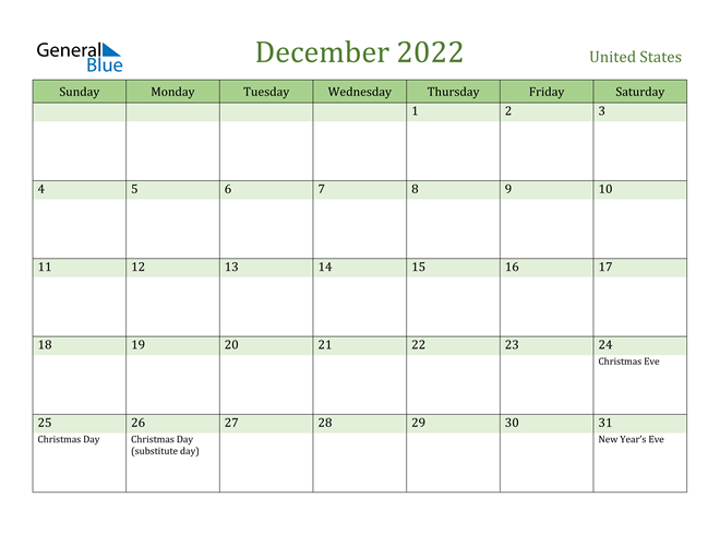 December 2022 Calendar With Holidays Usa United States December 2022 Calendar With Holidays