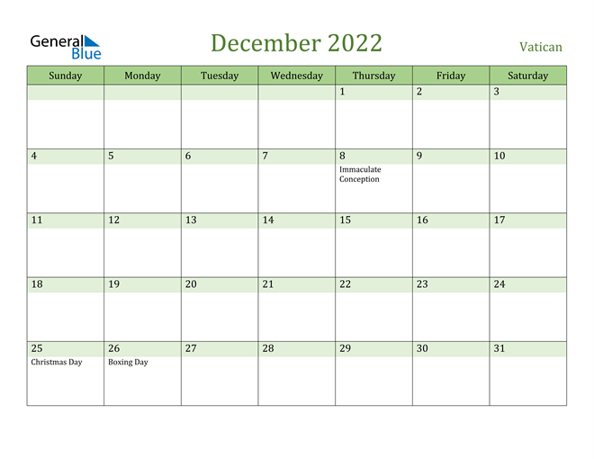 December 2022 Calendar with Vatican Holidays