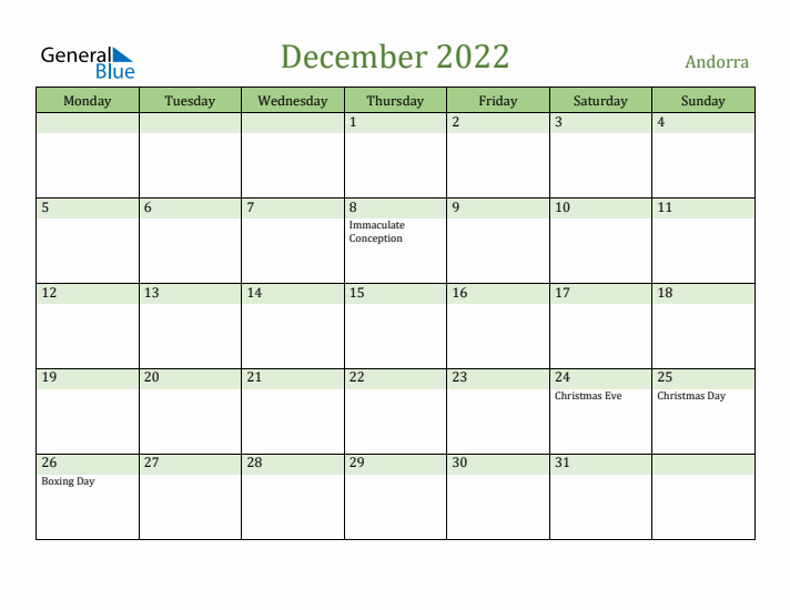 December 2022 Calendar with Andorra Holidays