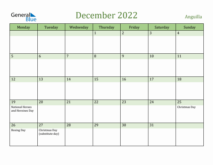 December 2022 Calendar with Anguilla Holidays