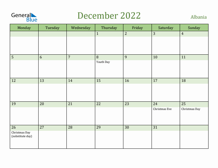 December 2022 Calendar with Albania Holidays