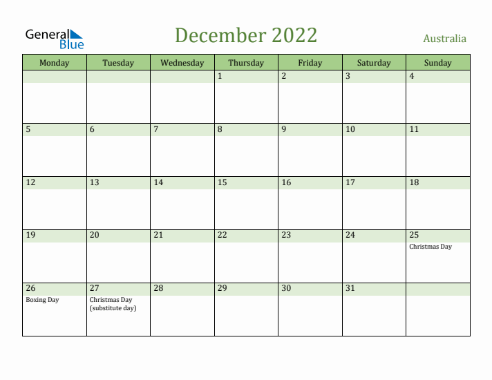 December 2022 Calendar with Australia Holidays