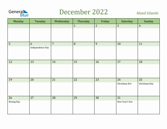 December 2022 Calendar with Aland Islands Holidays