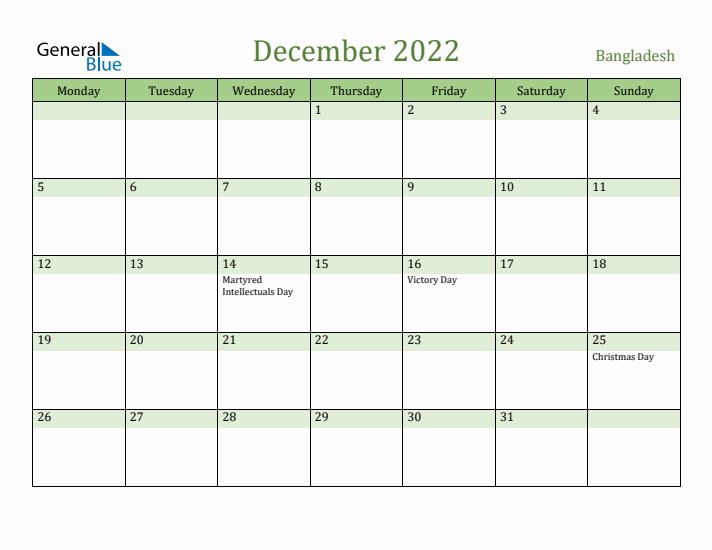December 2022 Calendar with Bangladesh Holidays
