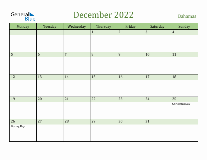 December 2022 Calendar with Bahamas Holidays