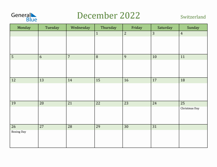 December 2022 Calendar with Switzerland Holidays