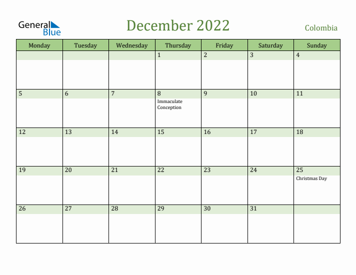 December 2022 Calendar with Colombia Holidays