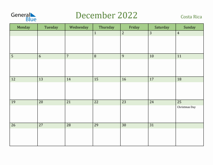 December 2022 Calendar with Costa Rica Holidays