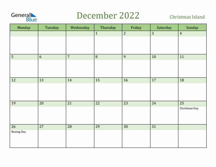 December 2022 Calendar with Christmas Island Holidays