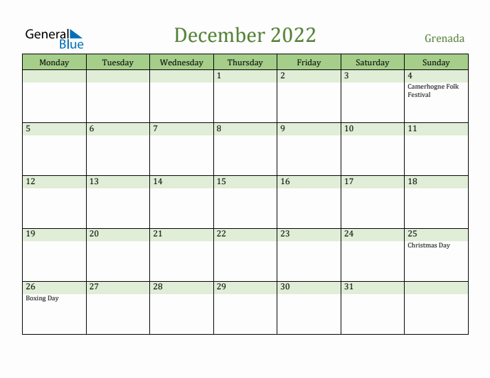 December 2022 Calendar with Grenada Holidays