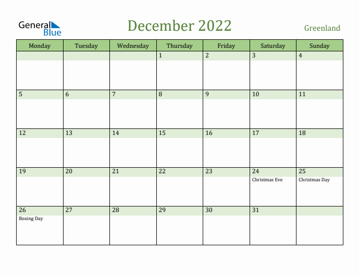 December 2022 Calendar with Greenland Holidays