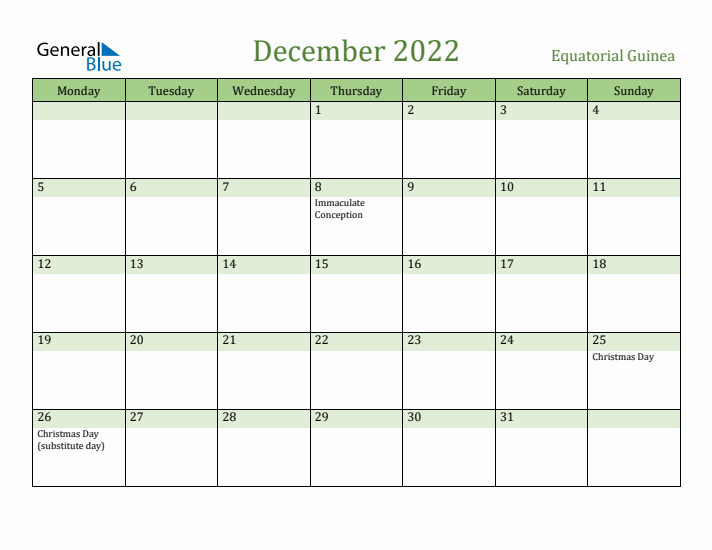 December 2022 Calendar with Equatorial Guinea Holidays