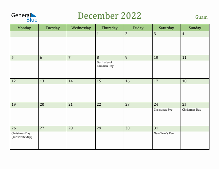 December 2022 Calendar with Guam Holidays