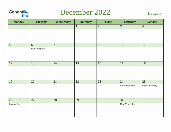 December 2022 Calendar with Hungary Holidays