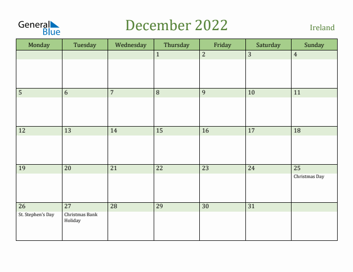December 2022 Calendar with Ireland Holidays