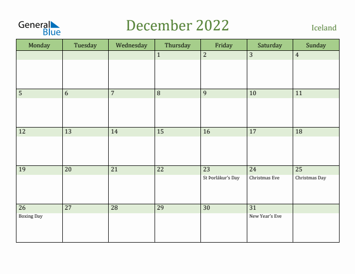 December 2022 Calendar with Iceland Holidays