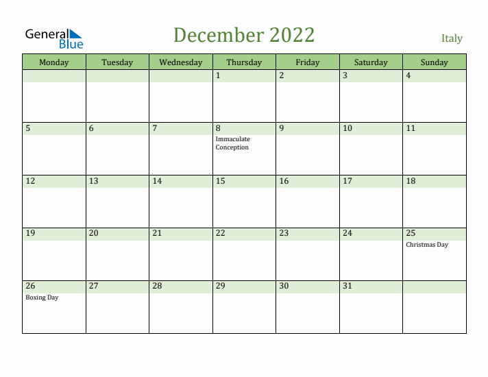 December 2022 Calendar with Italy Holidays