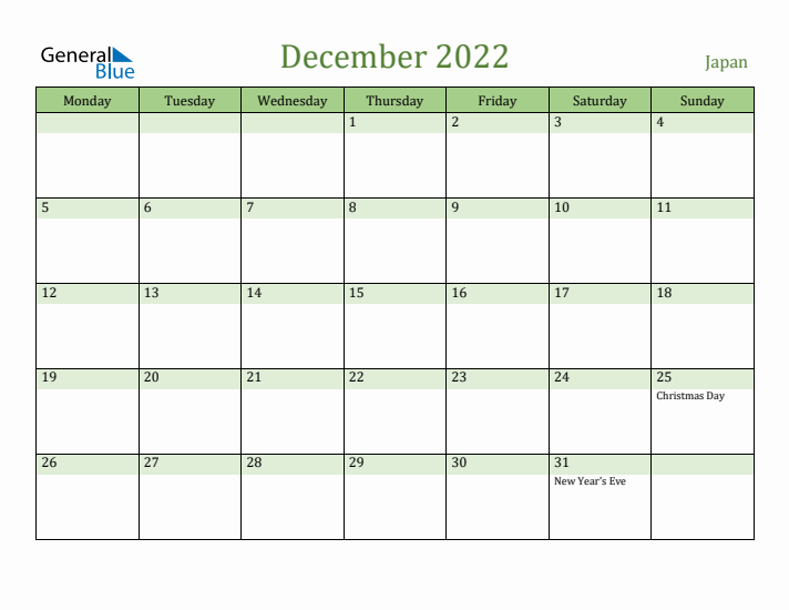 December 2022 Calendar with Japan Holidays