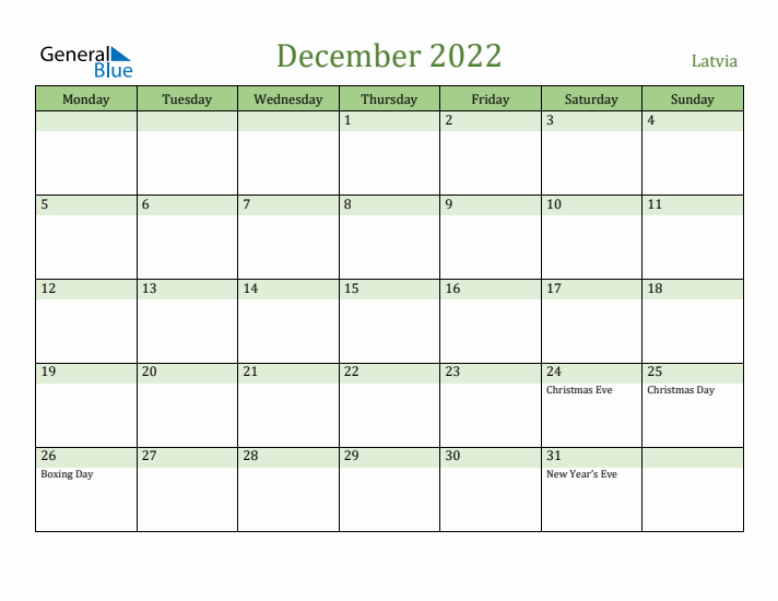 December 2022 Calendar with Latvia Holidays