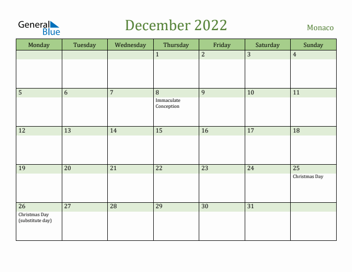 December 2022 Calendar with Monaco Holidays
